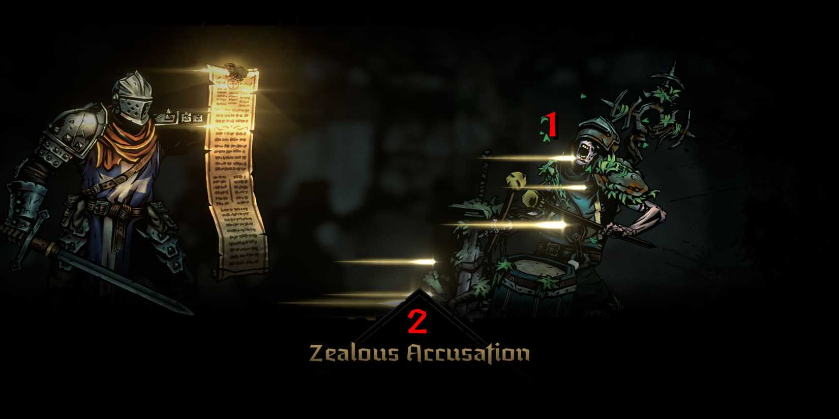 The Crusader holds up a shining scroll and deals damage to enemy skeletons