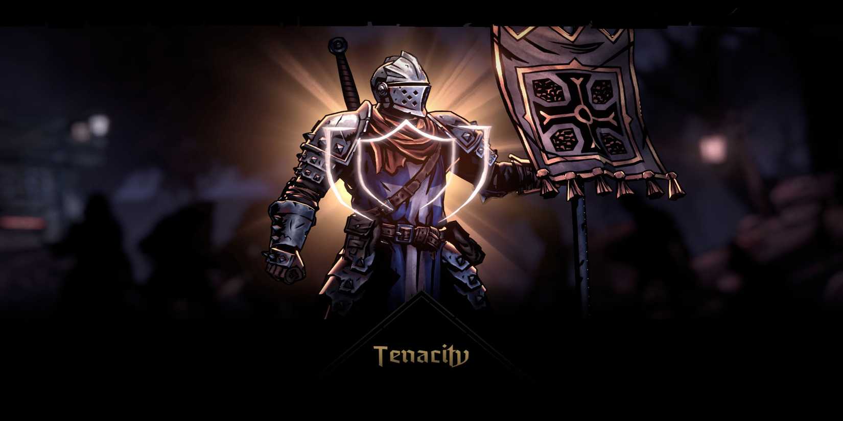 The Crusader Holds His Banner Up. A shield icon and light emanate from his chest