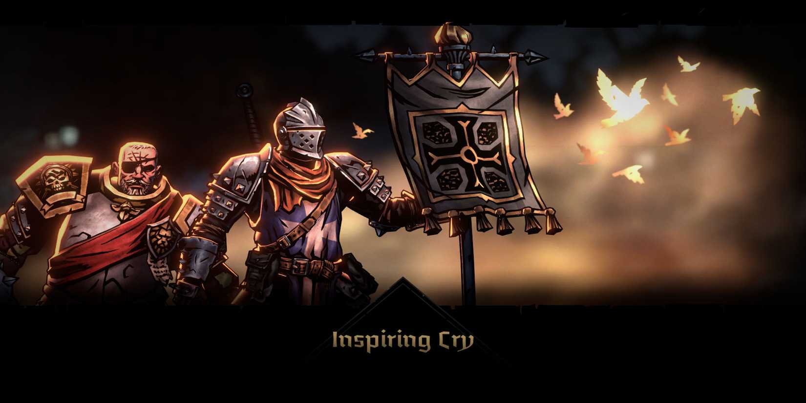 The Crusader holds up a banner and doves made of light fly behind it. The Man-At-Arms behind him stands in the glow