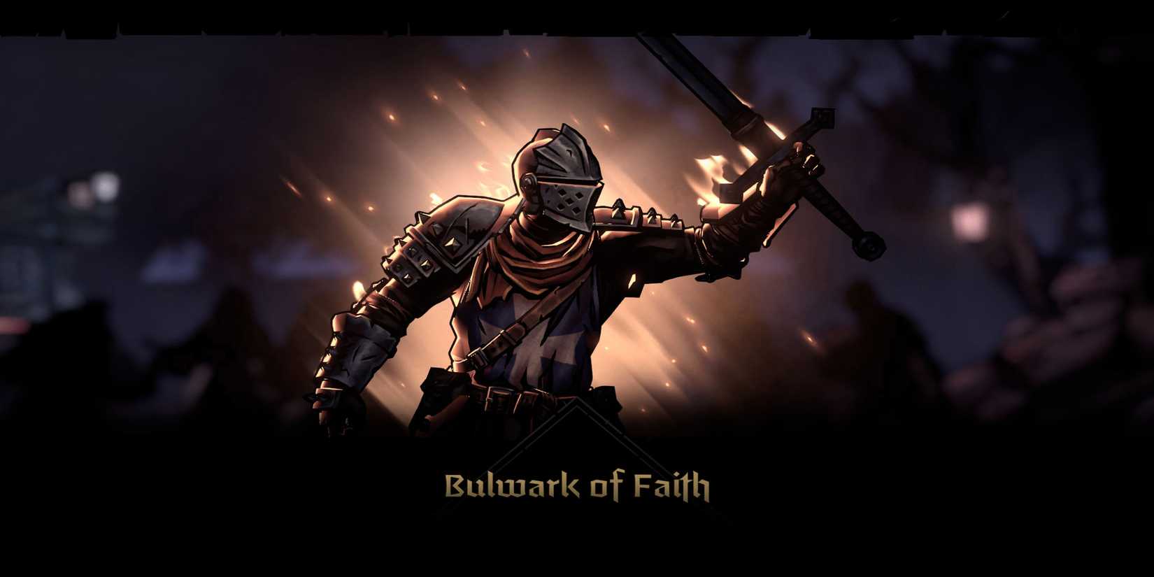 The Crusader holds his sword up. Light and fire emanate from behind him and the handle of his sword