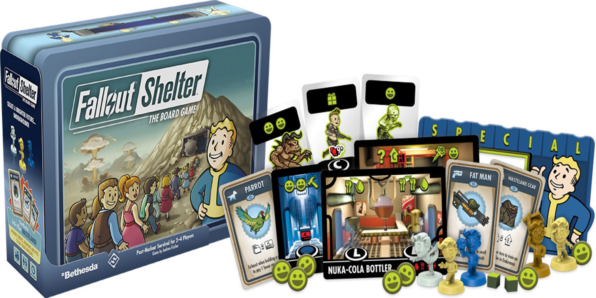 The Fallout board game box and some cards displayed next to it