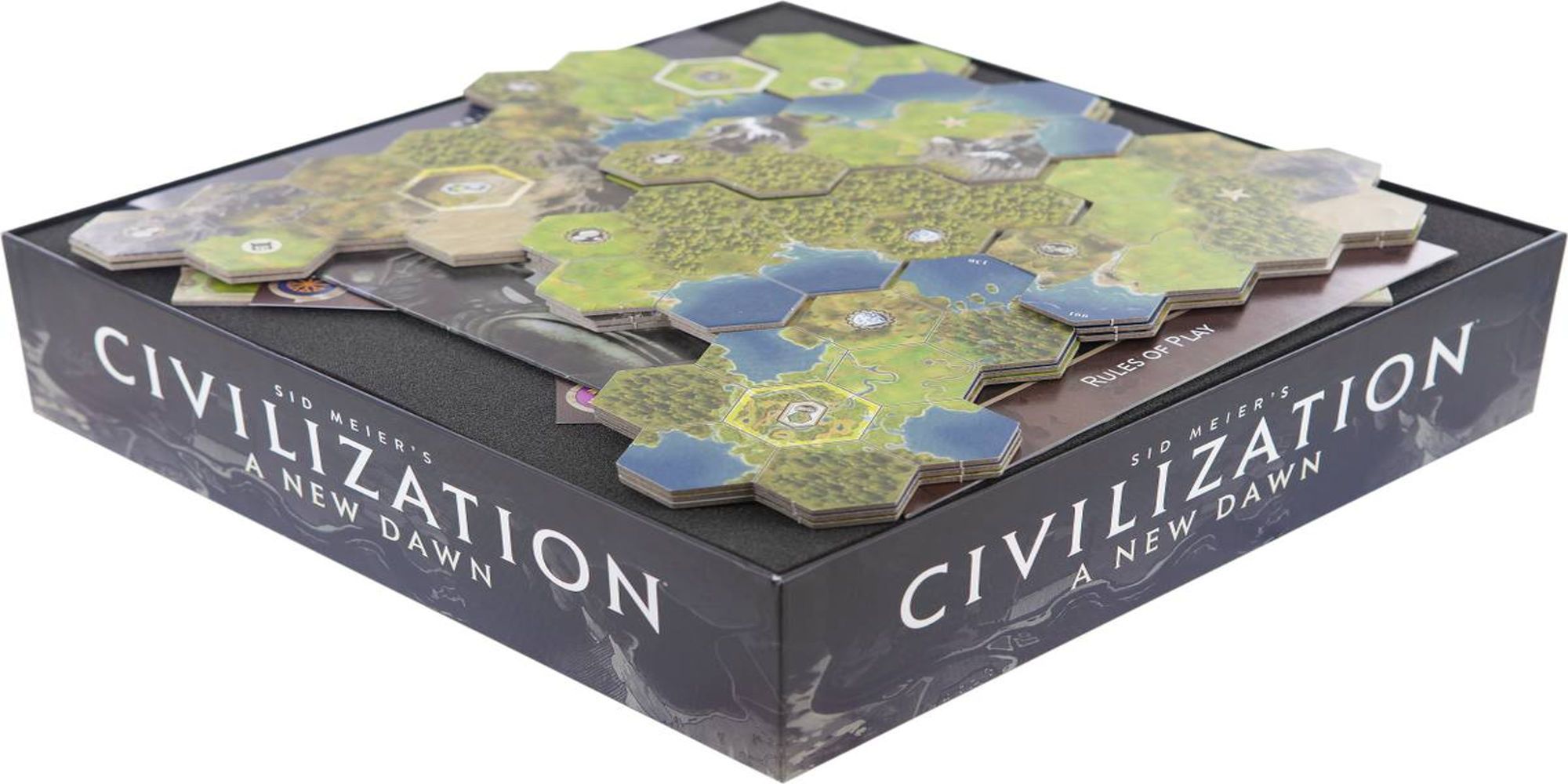 The game box with some terrain hexes on top of it