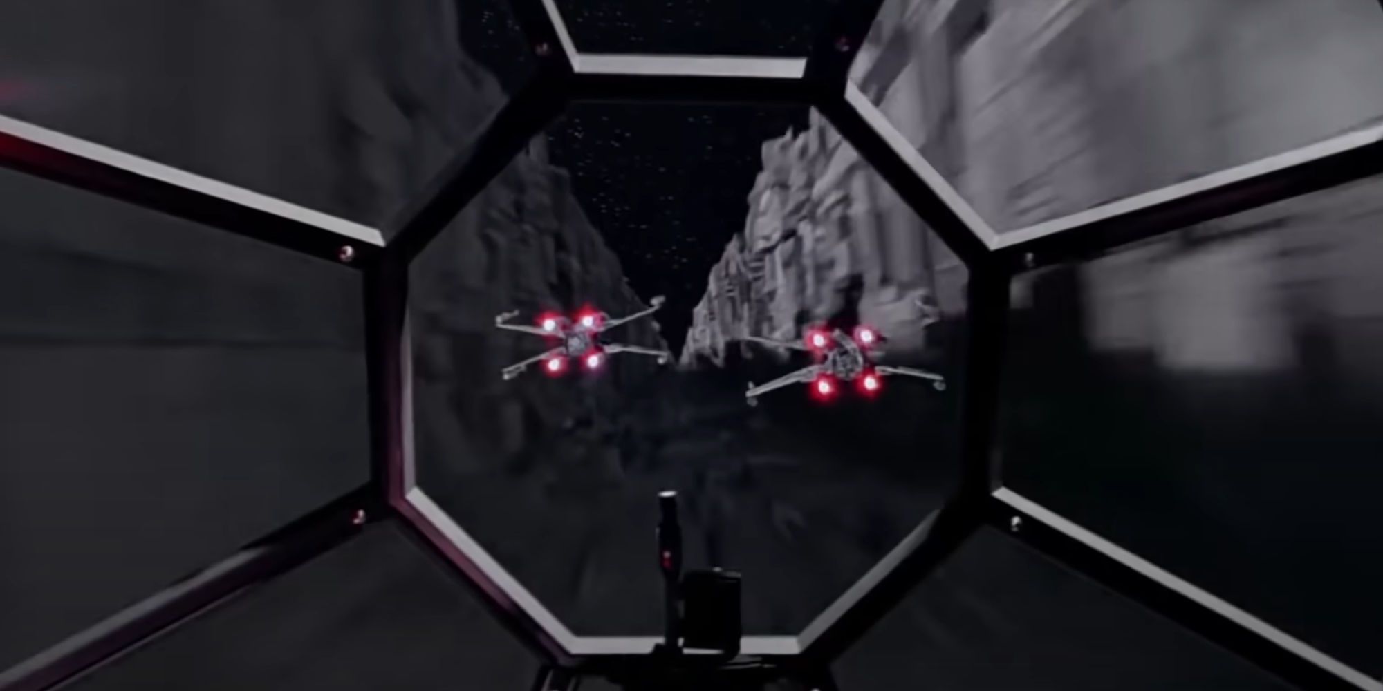 The view out of Darth Vader's TIE Fighter cockpit as he chases 2 X-wings down the Death Star trench