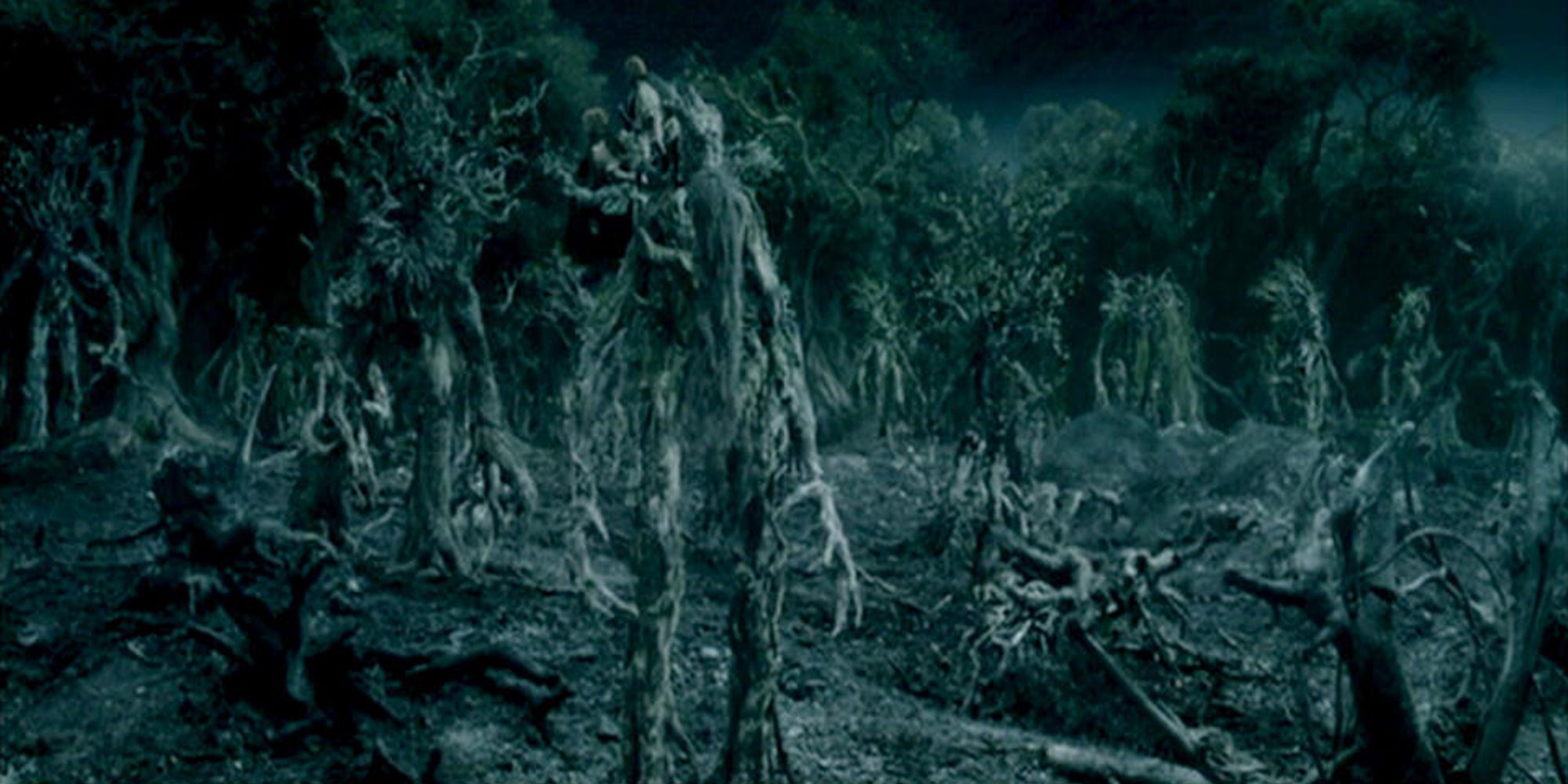 Treebeard and the other ents begin to march on Isengard. Merry and Pippin sit on his shoulder