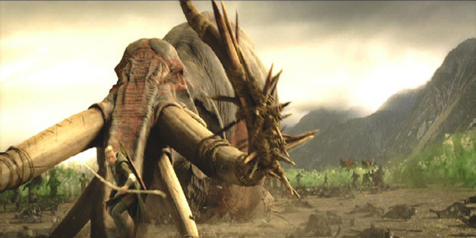 Legolas slides down the trunk of the mumakil (oliphant) that he just killed