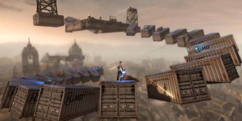 Cole traversing floating storage crates 