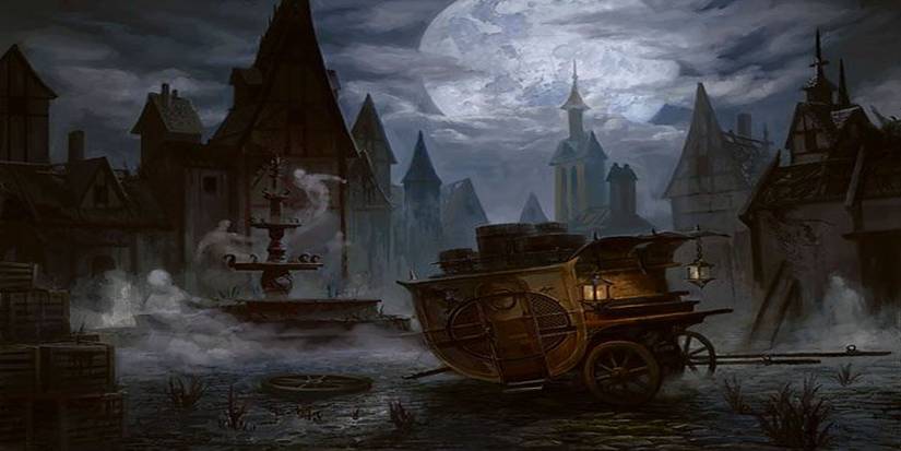 A carriage with no horses sits next to a fountain without water. It's an abandoned gothic town square at night with a large full moon looming in the background behind wisps of clouds