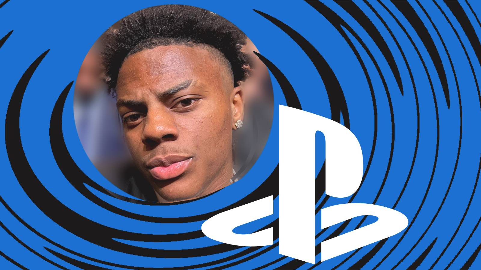 IShowSpeed selfie next to PlayStation logo submark on abstract swirly background