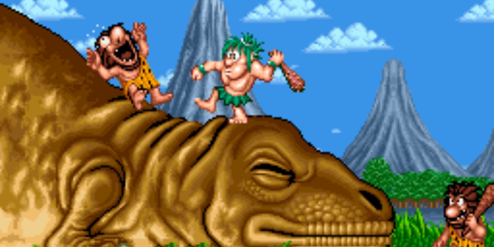 Joe hitting a caveman on a T-Rex's head