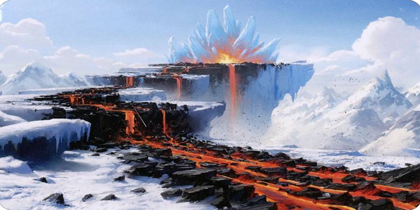 Lava flows across a flat icy mountaintop. A crystalline structure sits in the background further up ahead and seems to be the lava's source