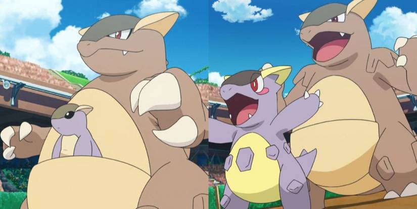 Kangaskhan and Mega Kangaskhan in the Pokemon Anime.