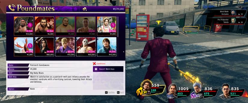 Poundmates menu in Yakuza: Like a Dragon