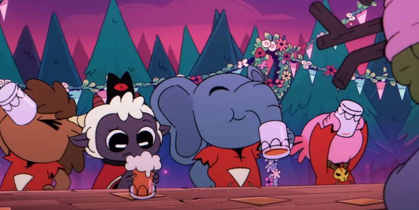 Lamb and followers drinking in Cult of the Lamb: Sins of the Flesh