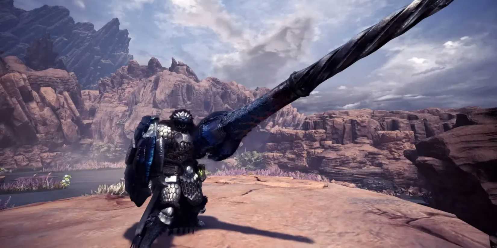 A hunter with their lance drawn and aimed forward