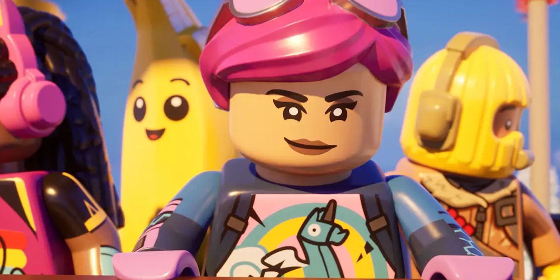 Promotional screenshot of several LEGO Fortnite minifigures in a cutscene.