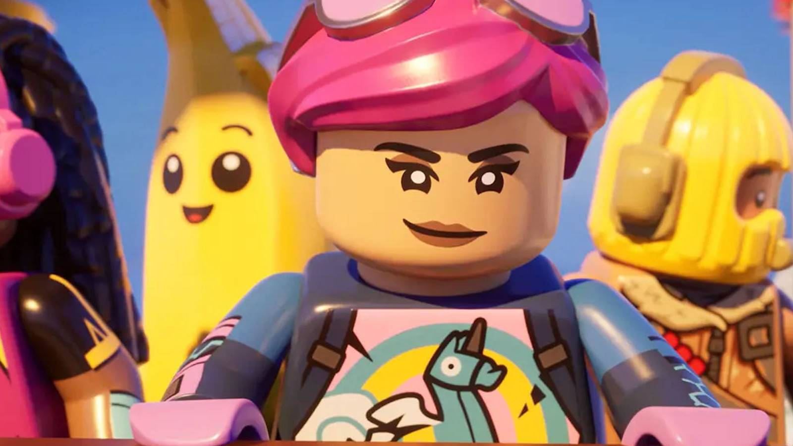 A promotional screenshot of several LEGO Fortnite Minifigures in a cutscene.