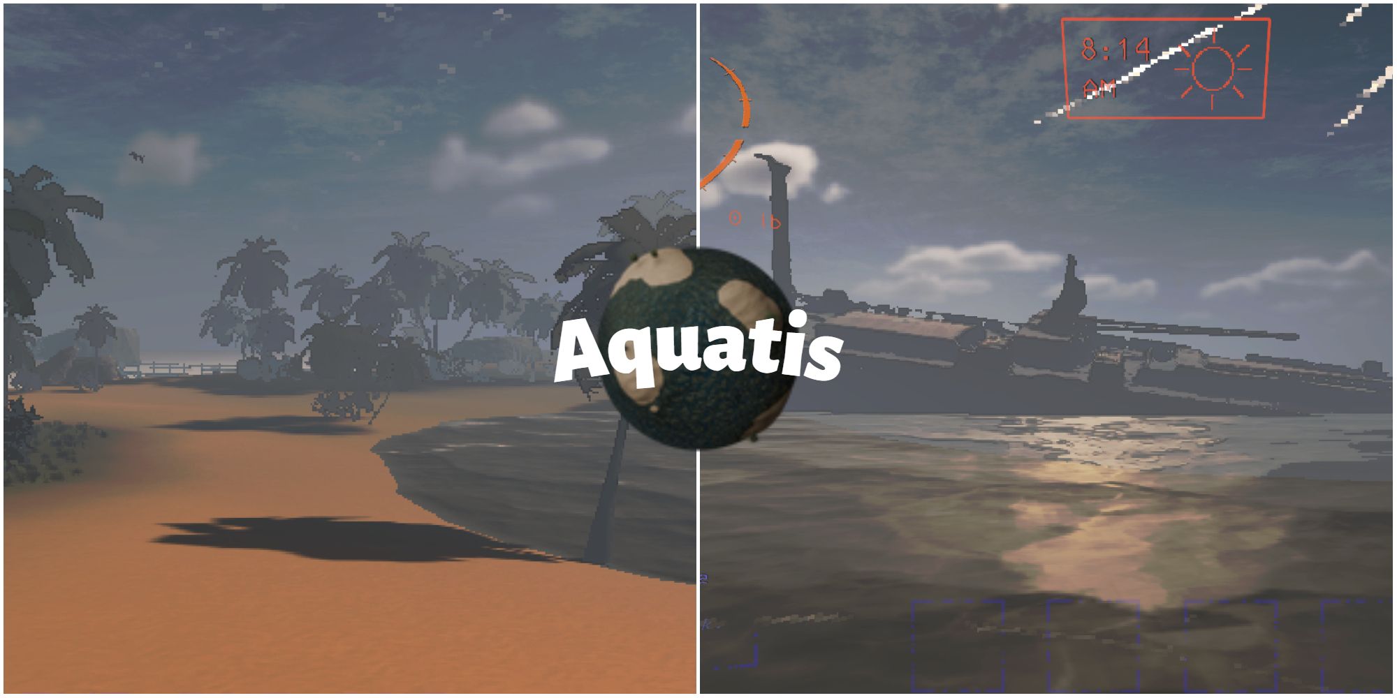 Screenshots of the Aquatis modded moon, featuring a beachy world with a shipwreck
