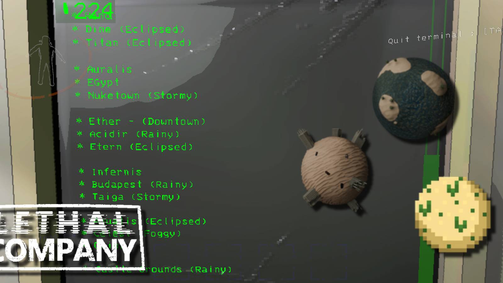 The access terminal shows many different modded moons and three moon images from creators
