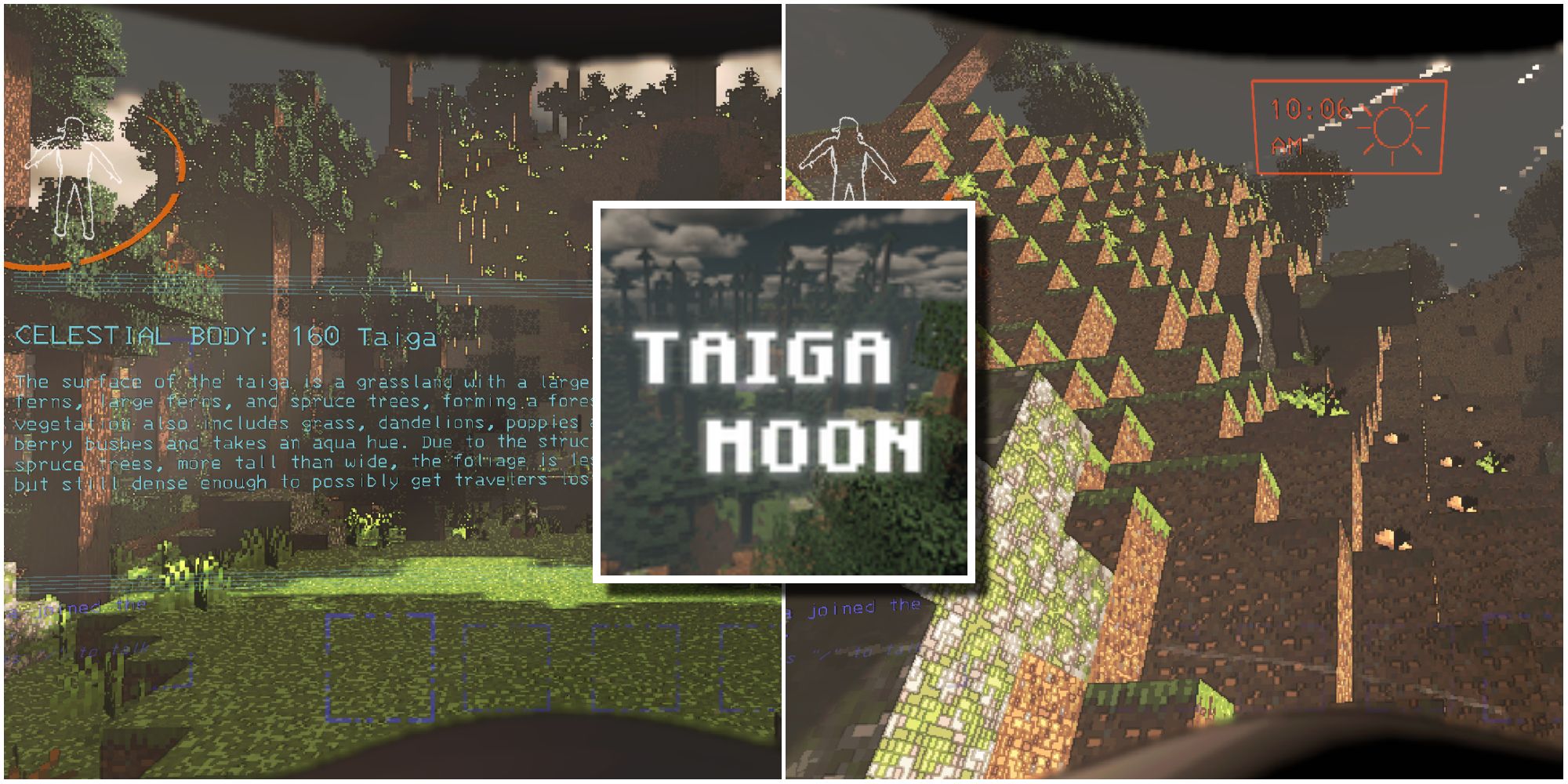 Screenshots of a modded moon named Taiga which is made to look like it belongs in Minecraft