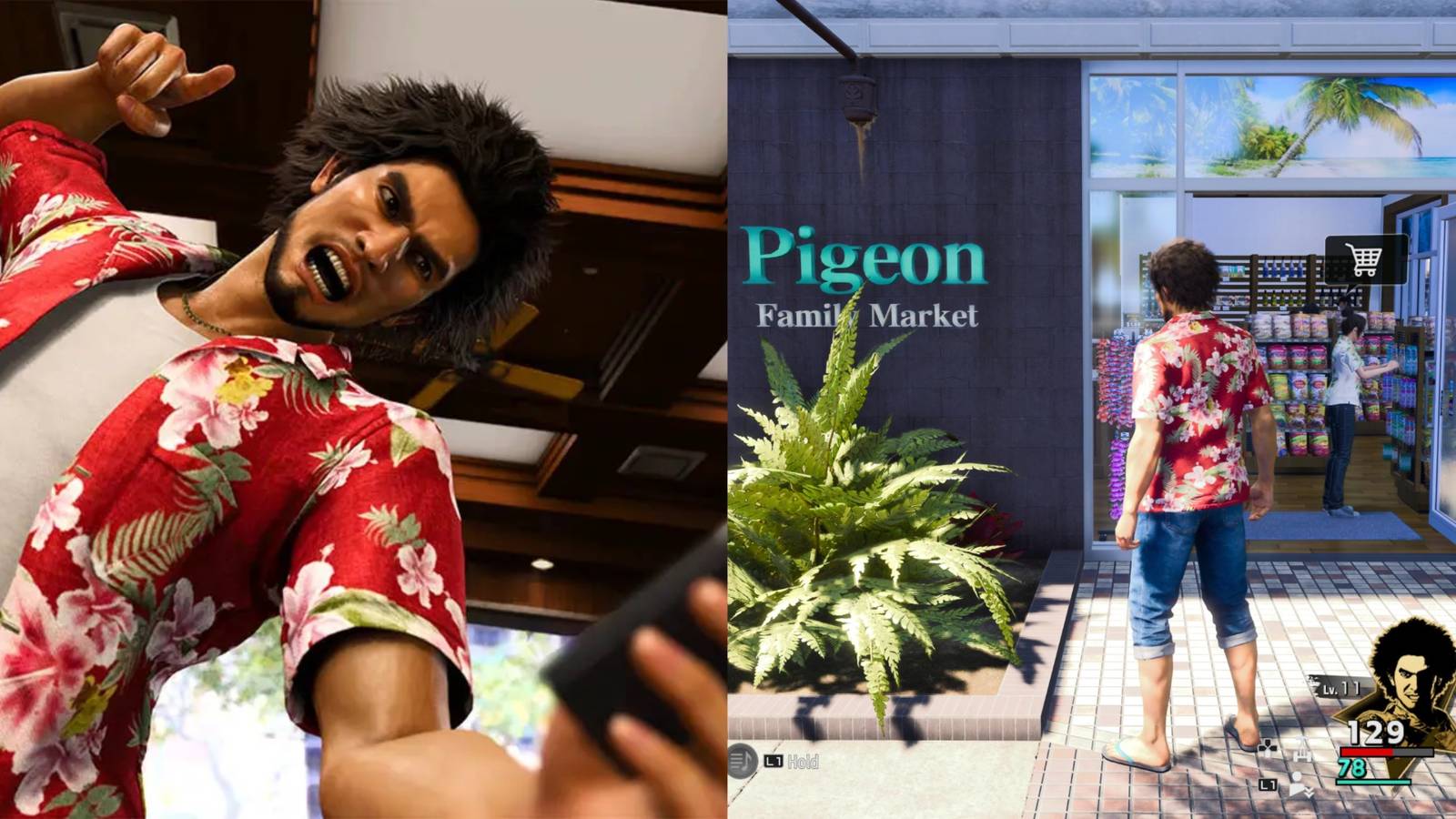 Split image showing Pigeon Family Market in Like a Dragon: Infinite Wealth.