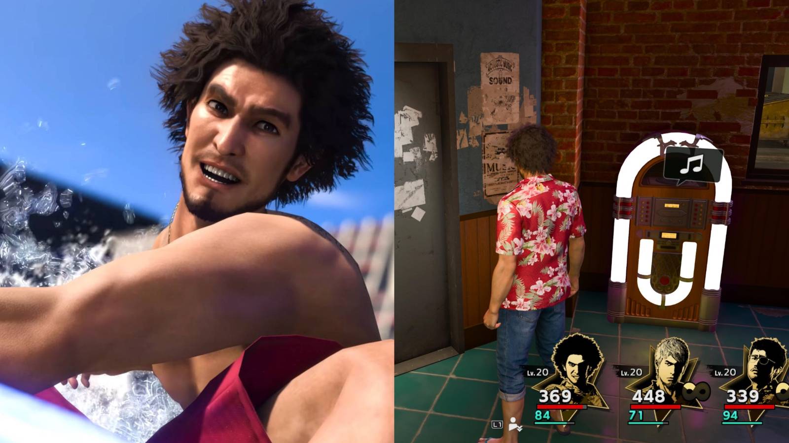 Split image showing Ichiban Kasuga near a jukebox.