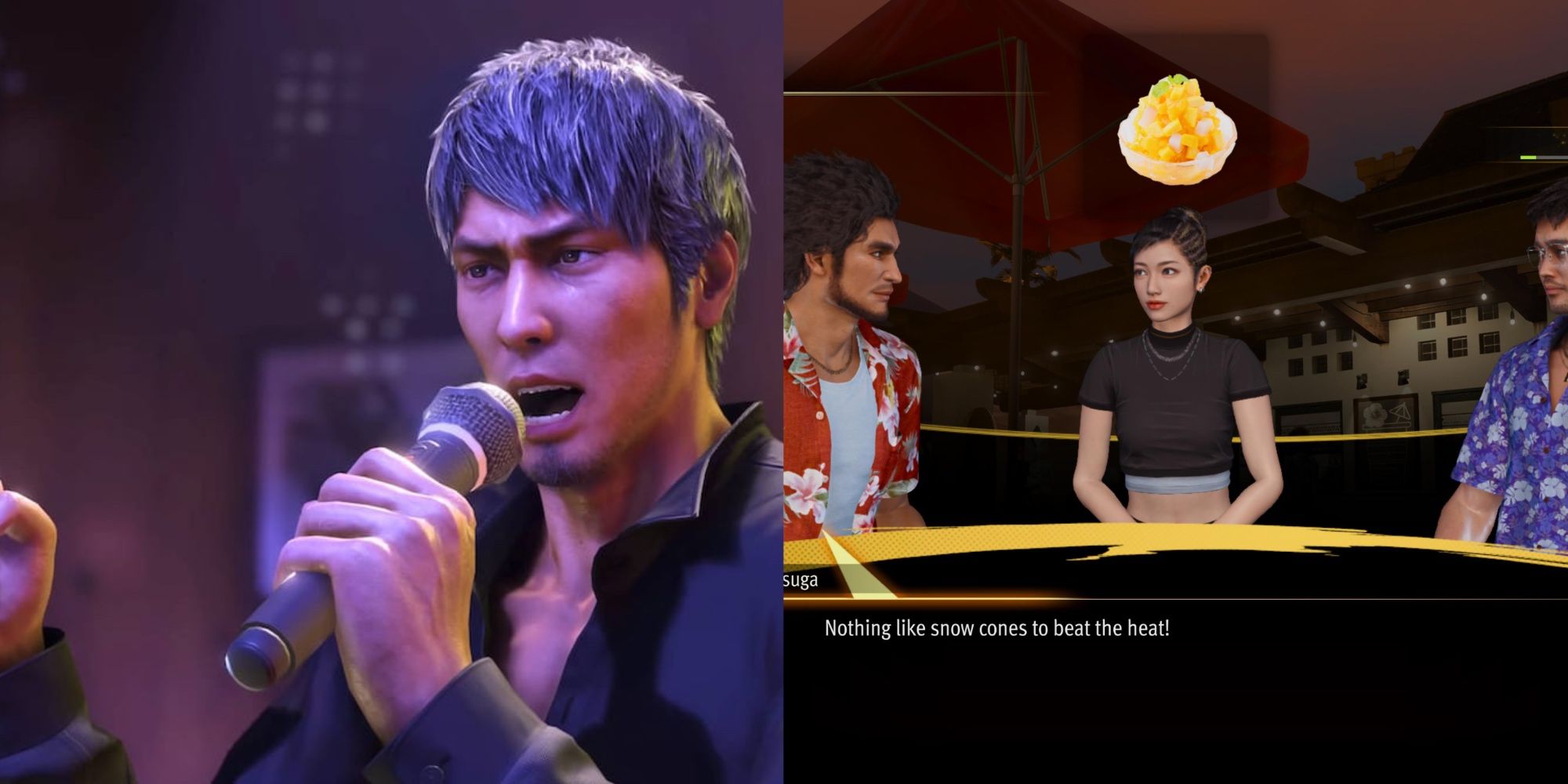 Split image showing Kiryu singing.