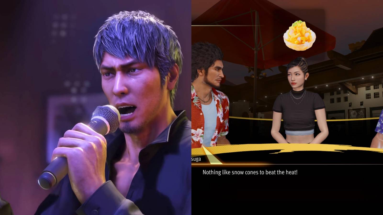 Split image showing Kiryu singing.