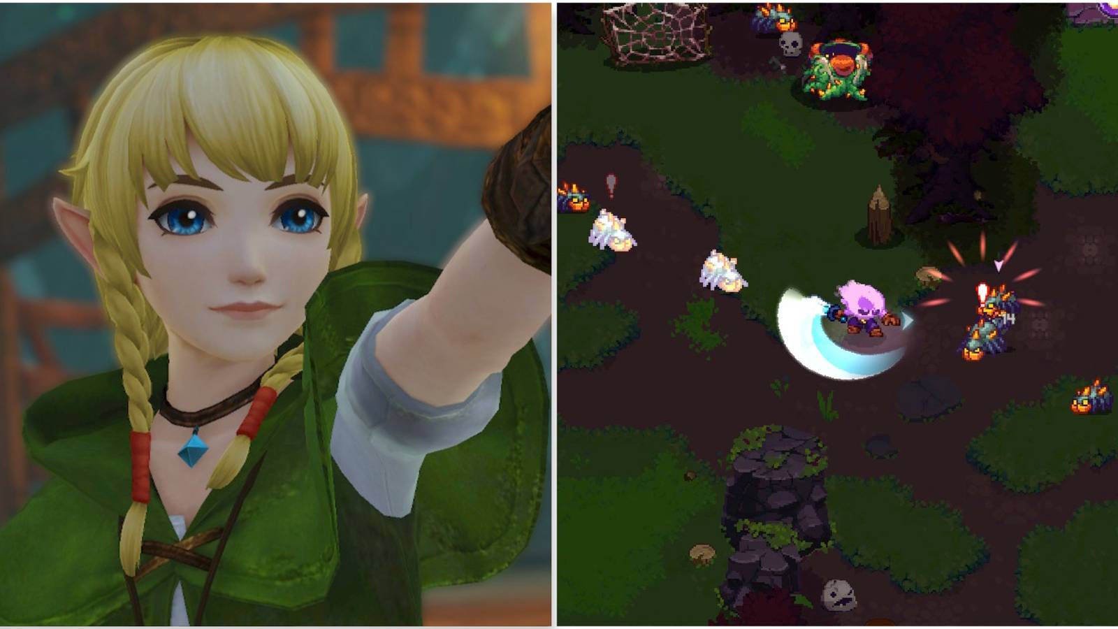 Linkle in Hyrule Warriors and Fighting enemies in Ember Knights