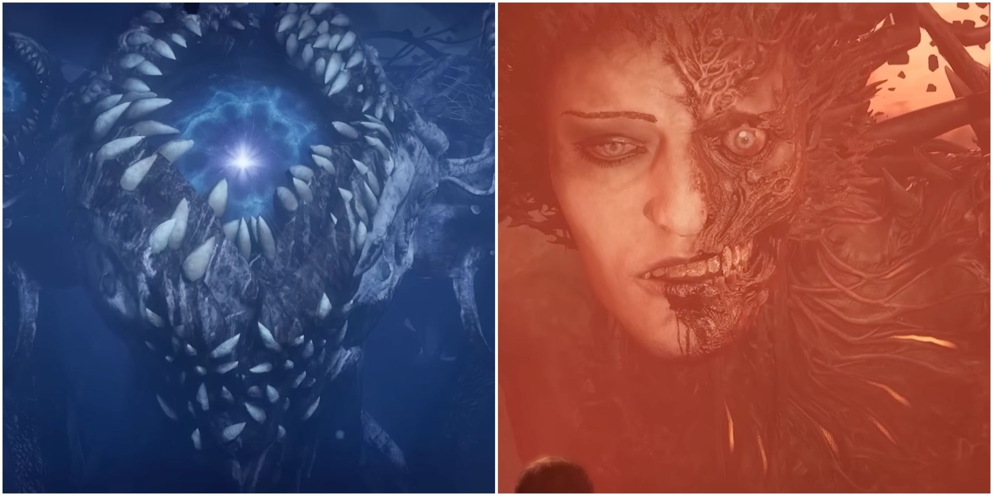 Split image showing the Putrid Mother and Adyr the demon god.