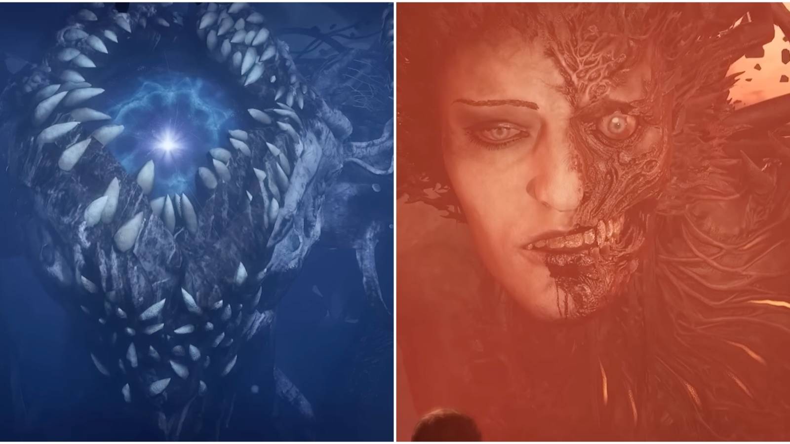 Split image showing the Putrid Mother and Adyr the demon god.