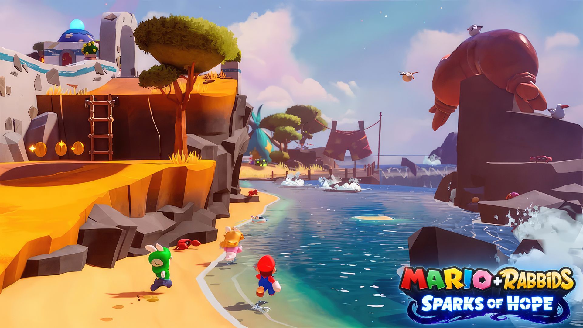 Mario + Rabbids Sparks of Hope eShop beach promo screenshot upscaled with game logo