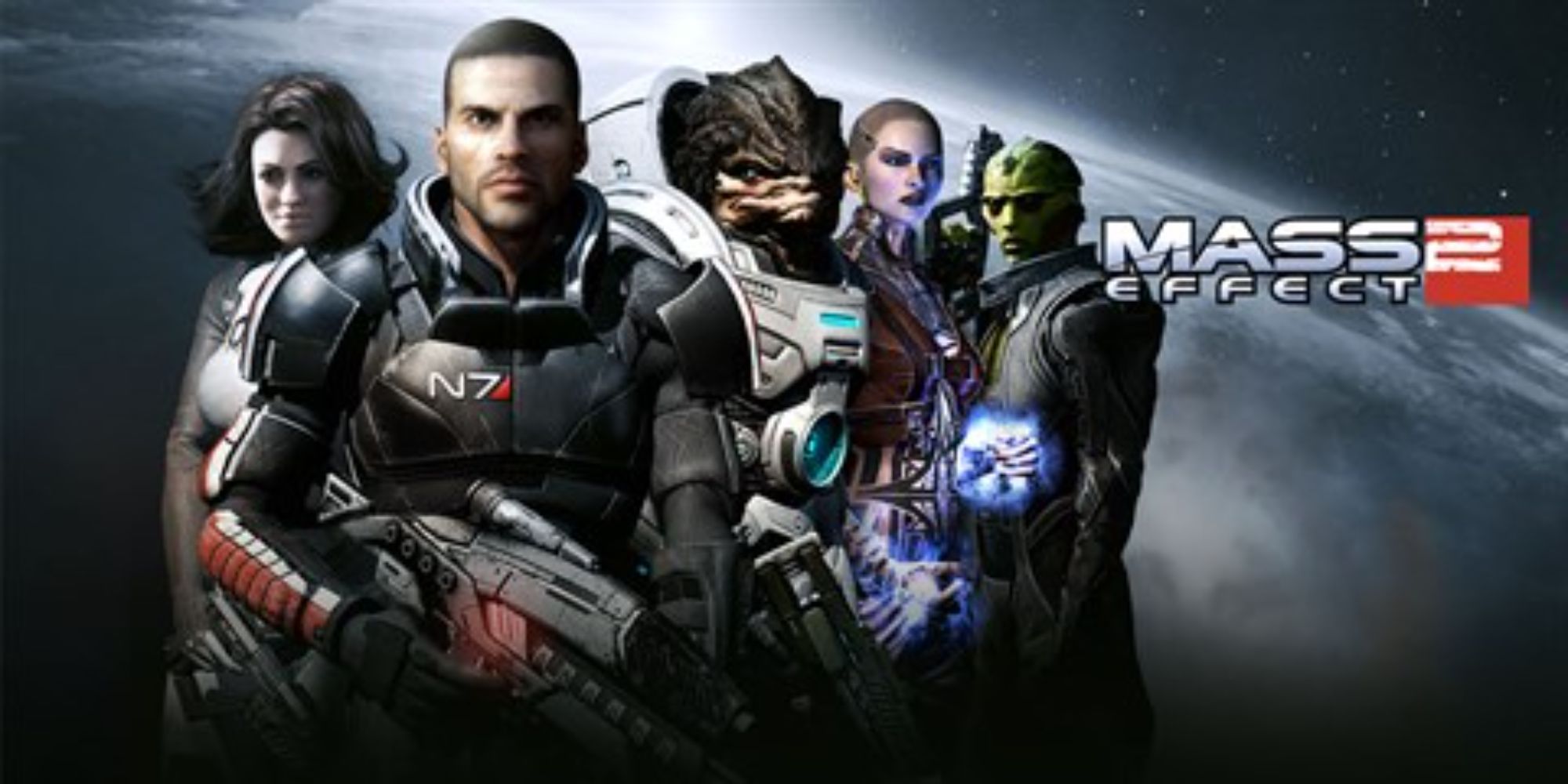 Mass Effect 2 cover poster with the central characters beside the title text