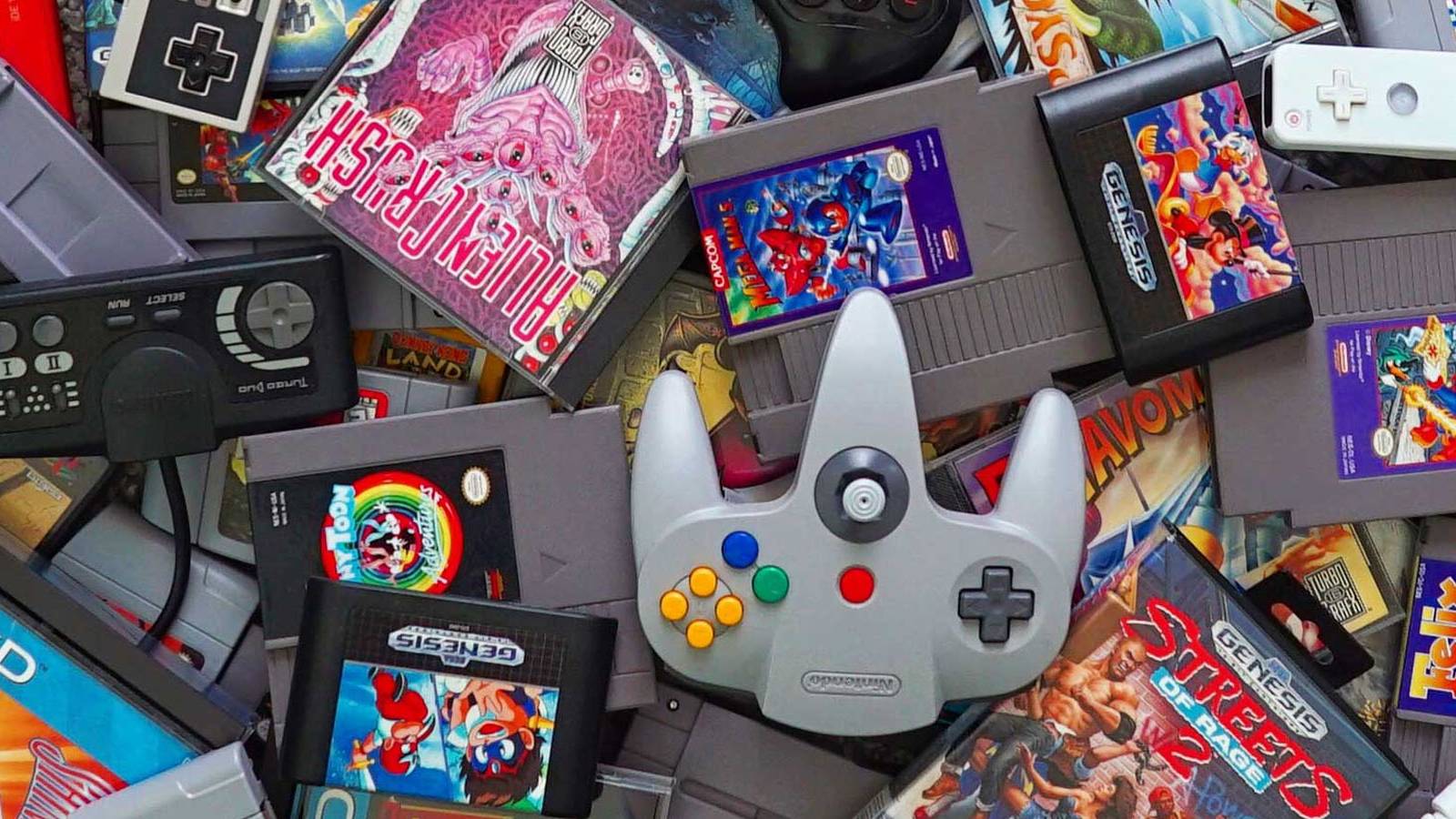 A photo of various old games and controllers.