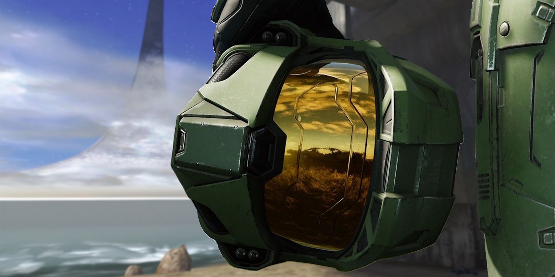Master Chief tenant un casque superposé à la capture d'écran de Halo Combat Evolved