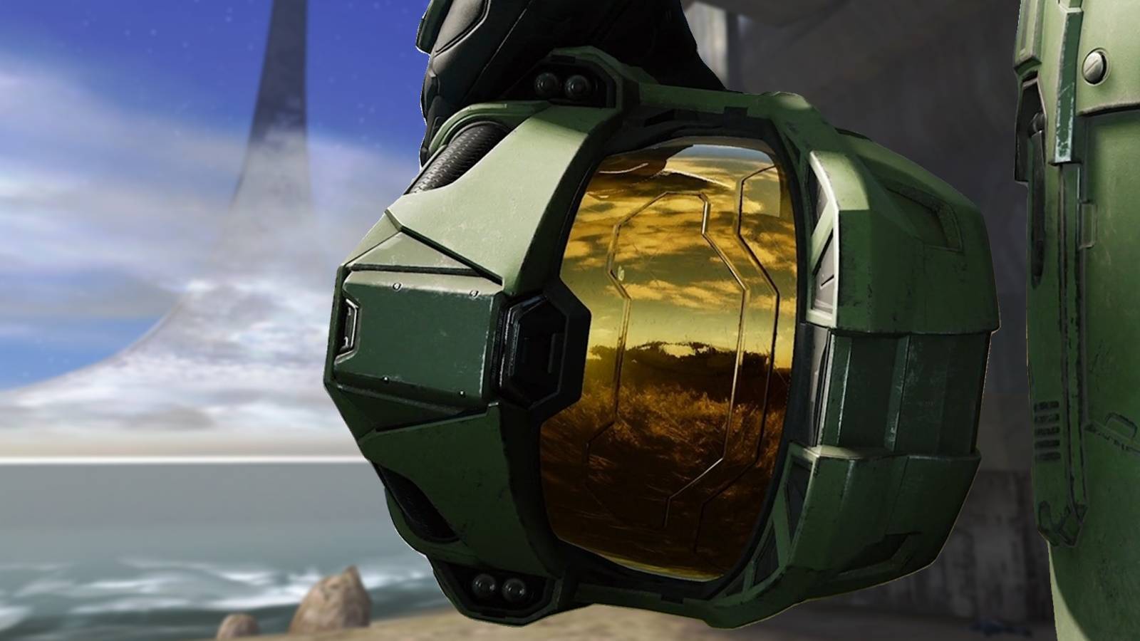 Master Chief holding helmet overlaid over Halo Combat Evolved screenshot