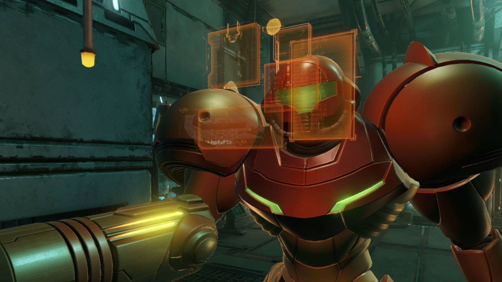A screenshot of Samus viewing data on a hologram in front of her helmet in Metroid Prime.