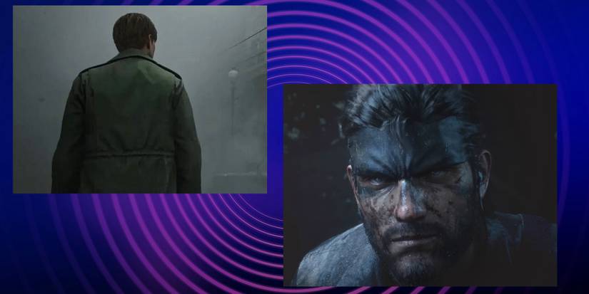 MGS Delta Silent Hill 2 remake collage on abstract purple background