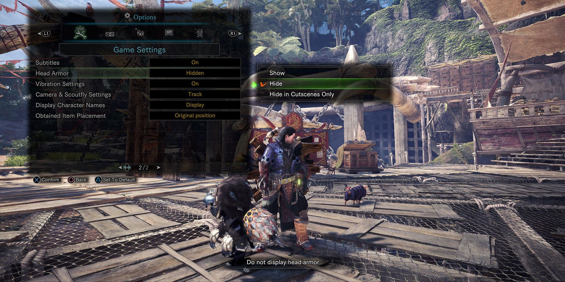 Toggle showing and hiding of headgear in Monster Hunter World