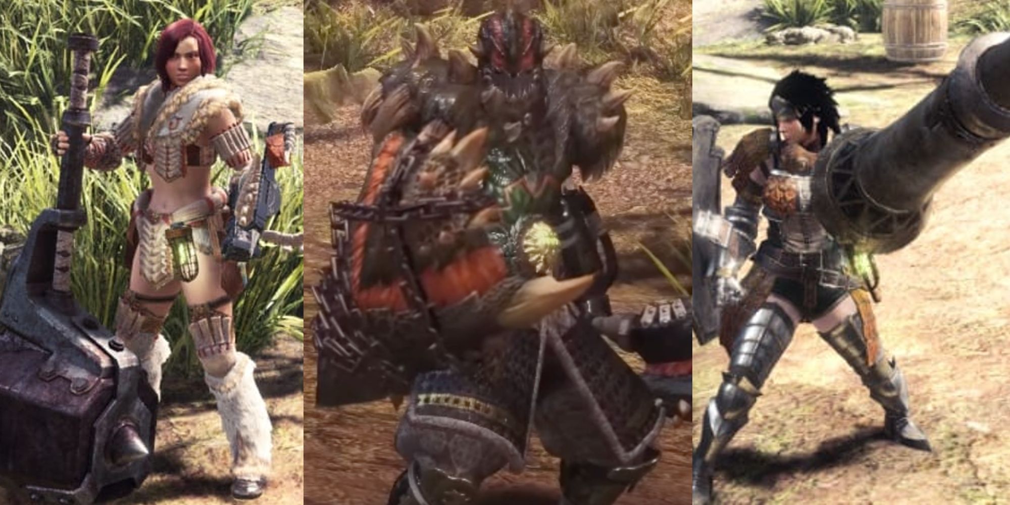 A hunter posing with a Hammer; a hunter with a drawn SnS; a hunter with a drawn Lance