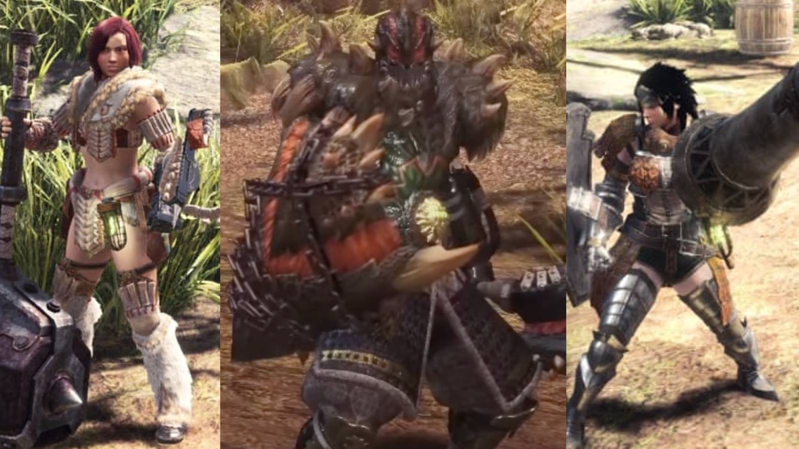 A hunter posing with a Hammer; a hunter with a drawn SnS; a hunter with a drawn Lance