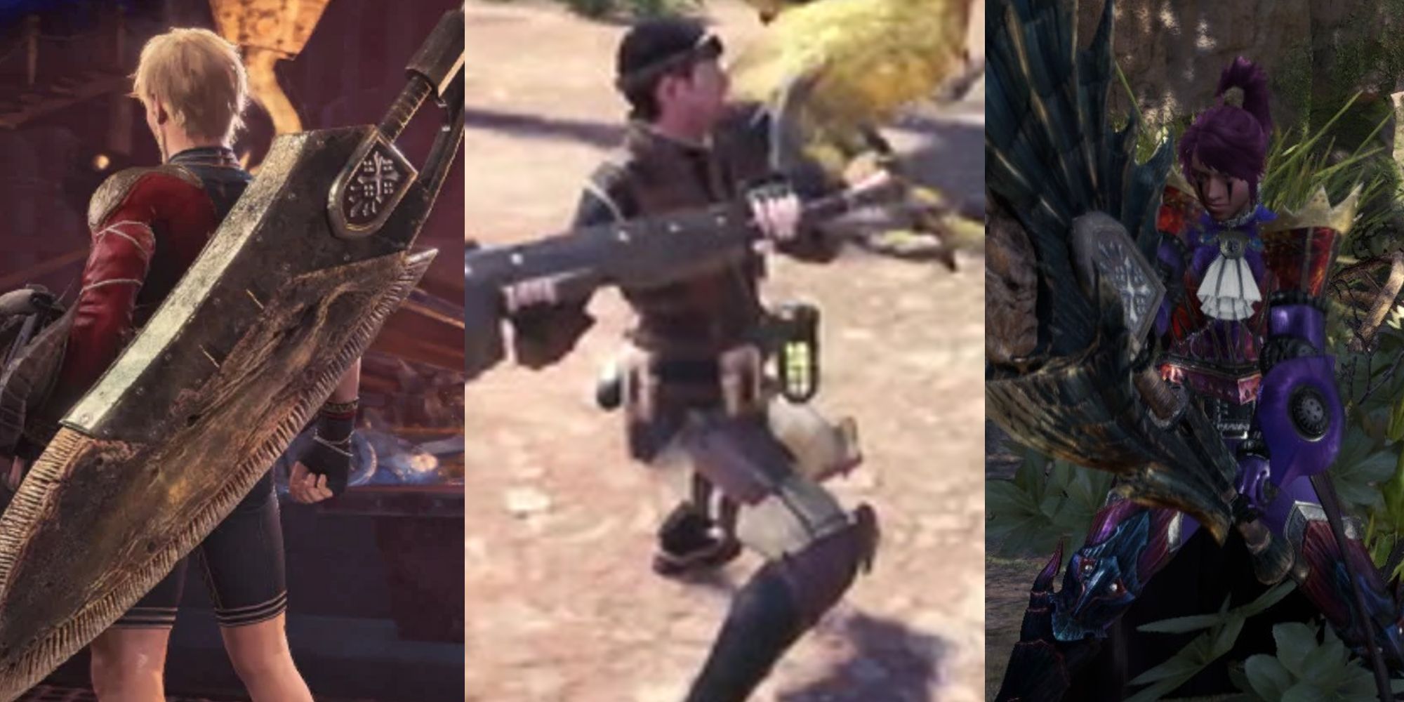 A hunter equipping a Greatsword; a hunter swinging a Greatsword; a hunter with an unsheathed Greatsword