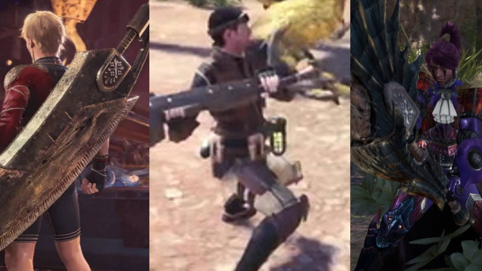 A hunter equipping a Greatsword; a hunter swinging a Greatsword; a hunter with an unsheathed Greatsword