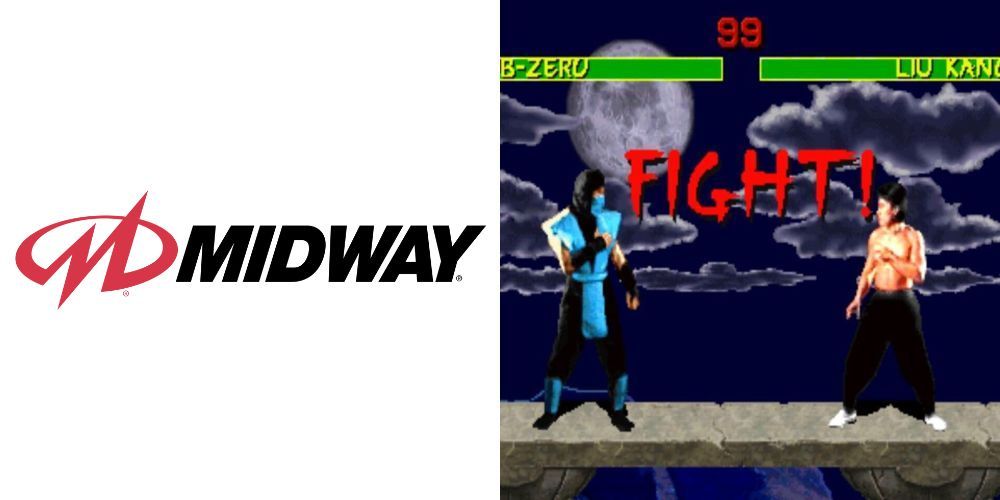 Midway Games' Logo, alongside their hit game Mortal Kombat.
