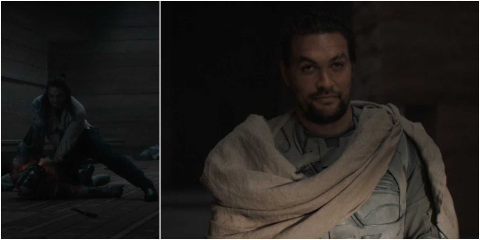 Split image of Jason Momoa as Duncan Idaho In Dune.