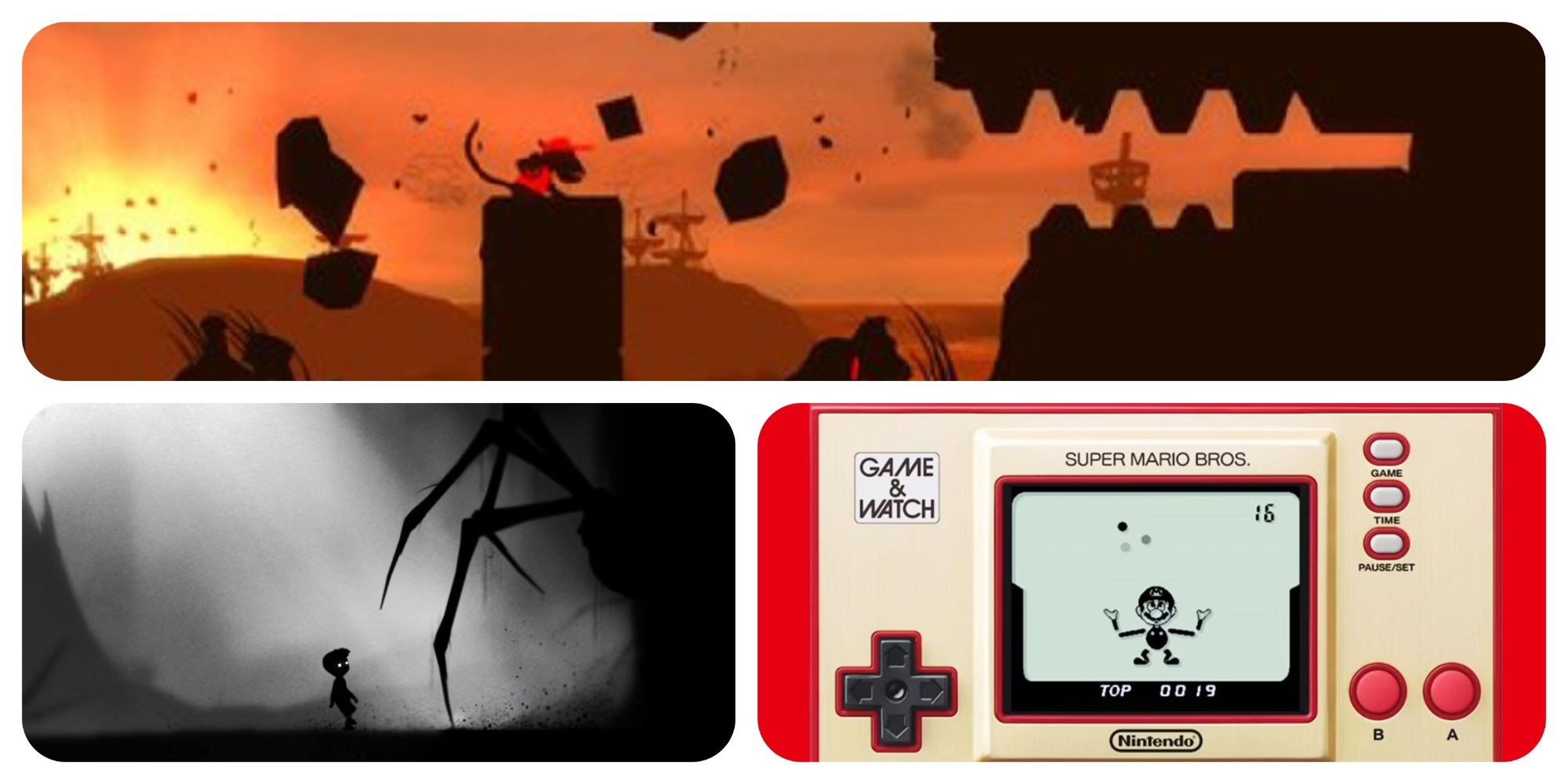 Top: Silhouette level of Donkey Kong Country Returns. Bottom-Left: A boy facing a giant spider in Limbo. Bottom-Right: A Super Mario Bros. Game and Watch with a Mario silhouette juggling balls.