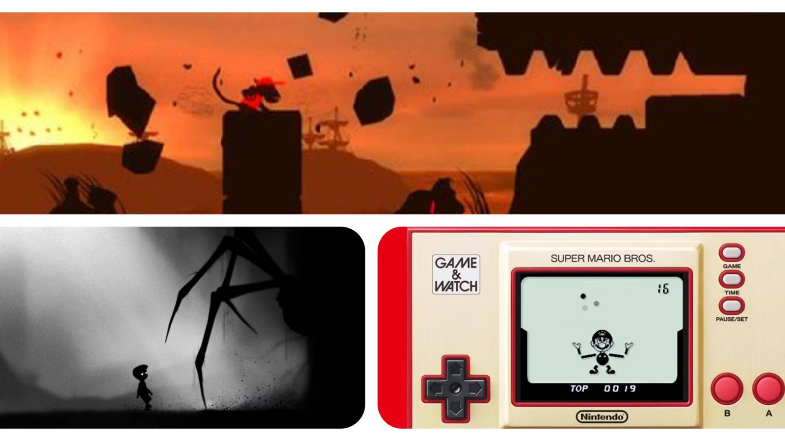 Top: Silhouette level of Donkey Kong Country Returns. Bottom-Left: A boy facing a giant spider in Limbo. Bottom-Right: A Super Mario Bros. Game and Watch with a Mario silhouette juggling balls.