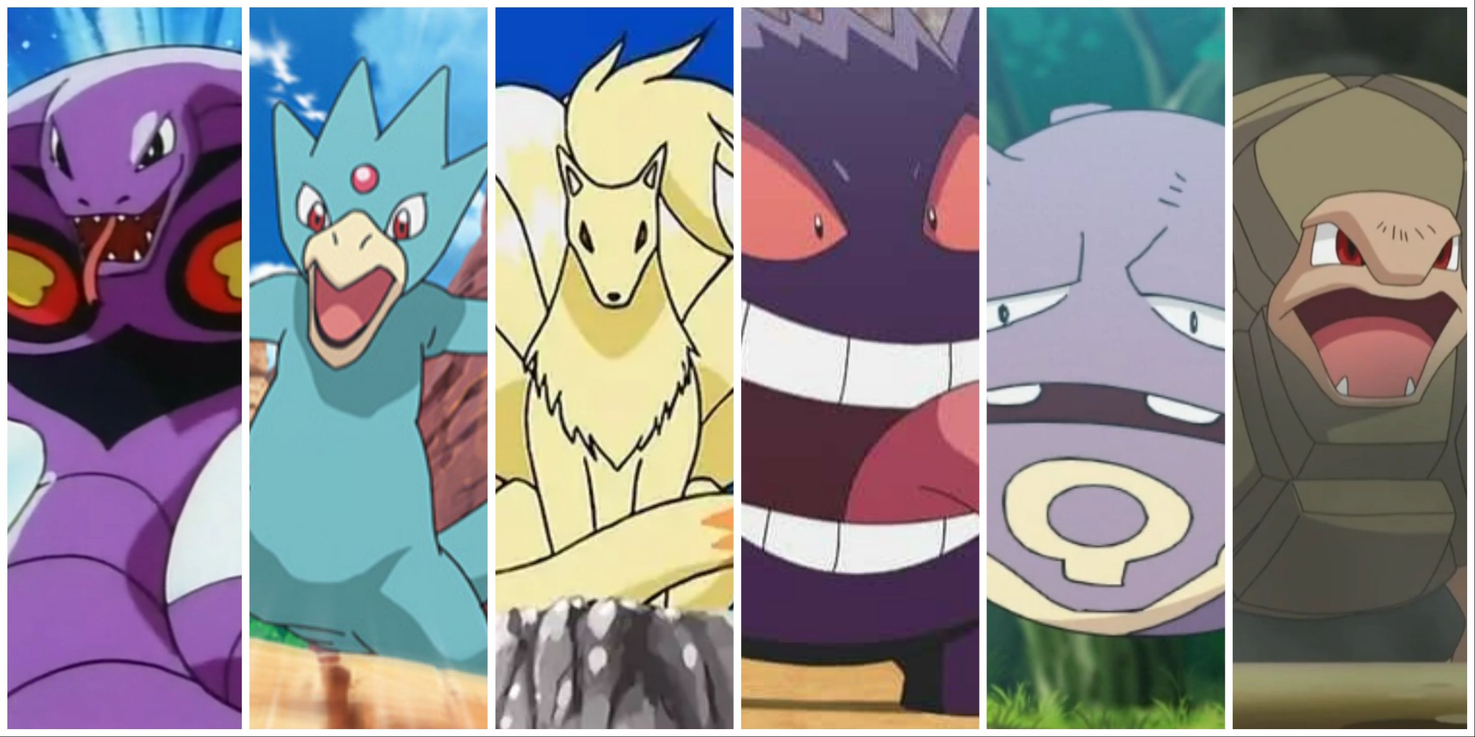 A collage of pokemon, from left to right are arbok, golduck, ninetales, gengar, weezing and golem