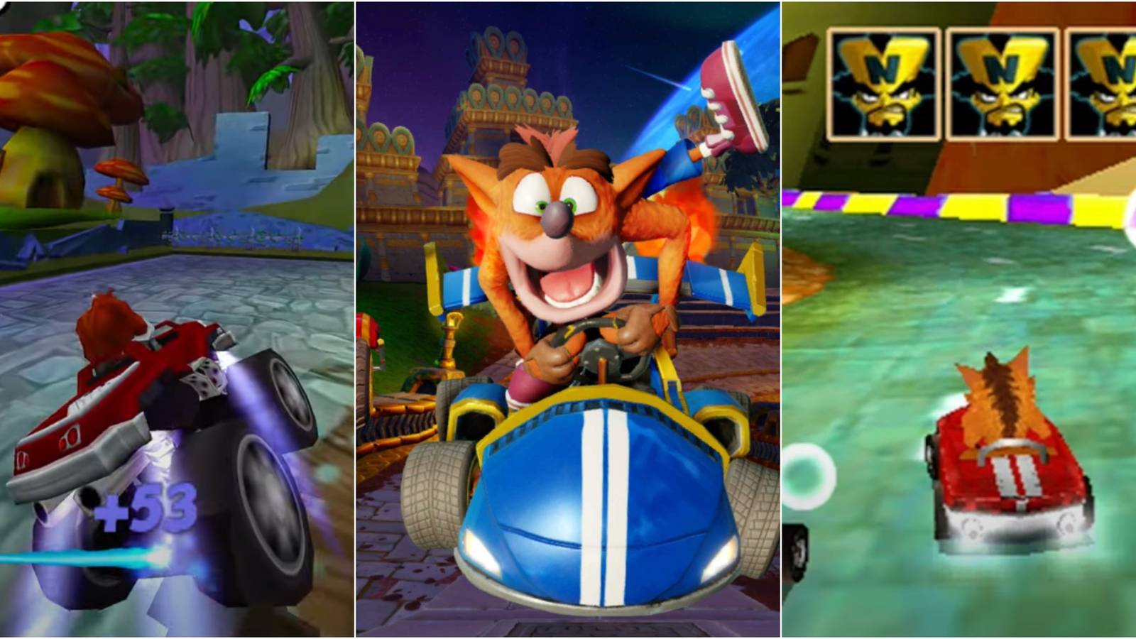 Crash Tag Team Racing, Team Racing Nitro-Fueled, and Nitro Kart 2