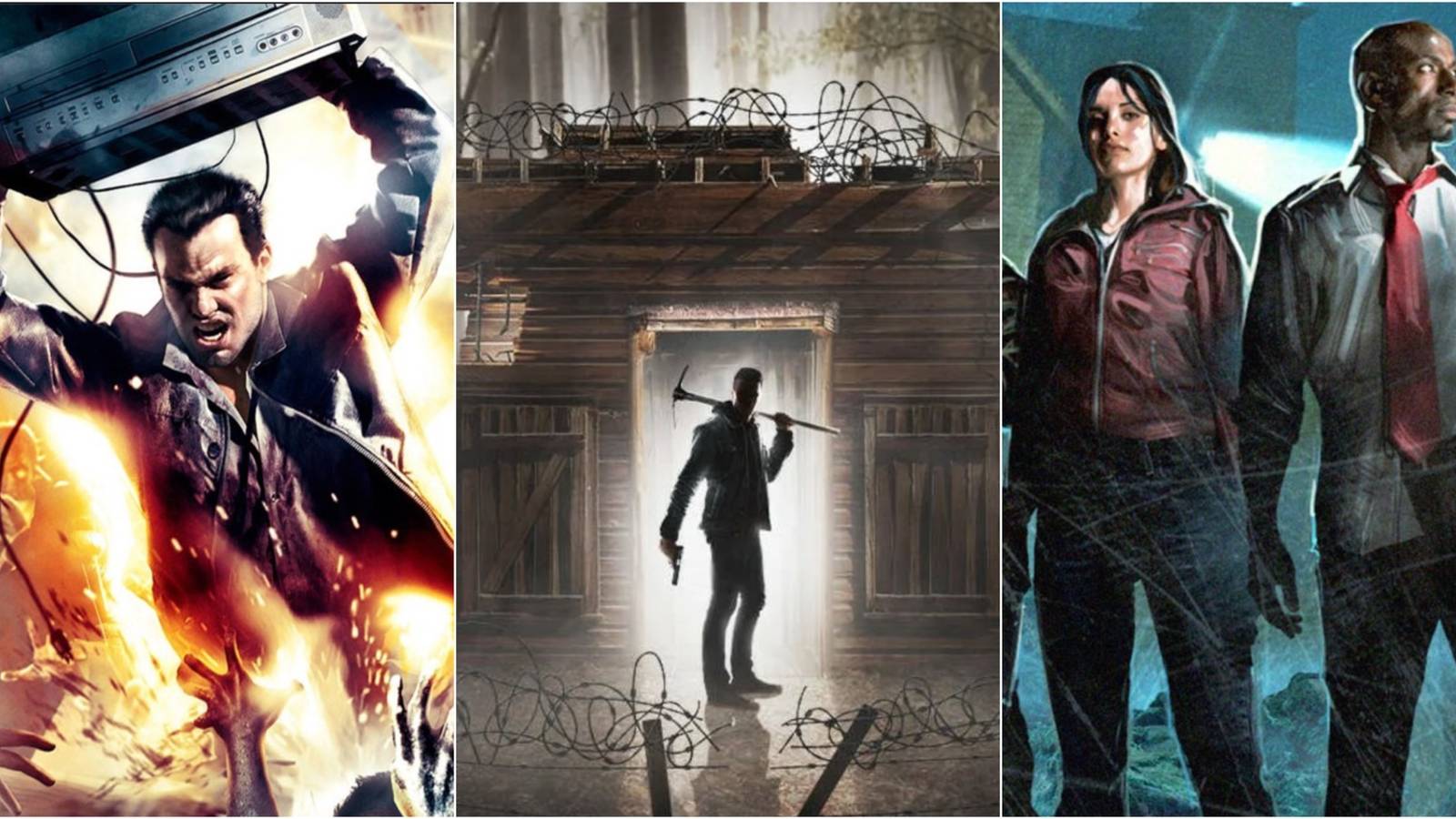 Split image brandishing appliance at zombies in Dead Rising, standing in doorway with weapons in 7 Days To Die, and two cast members from Left 4 Dead standing together
