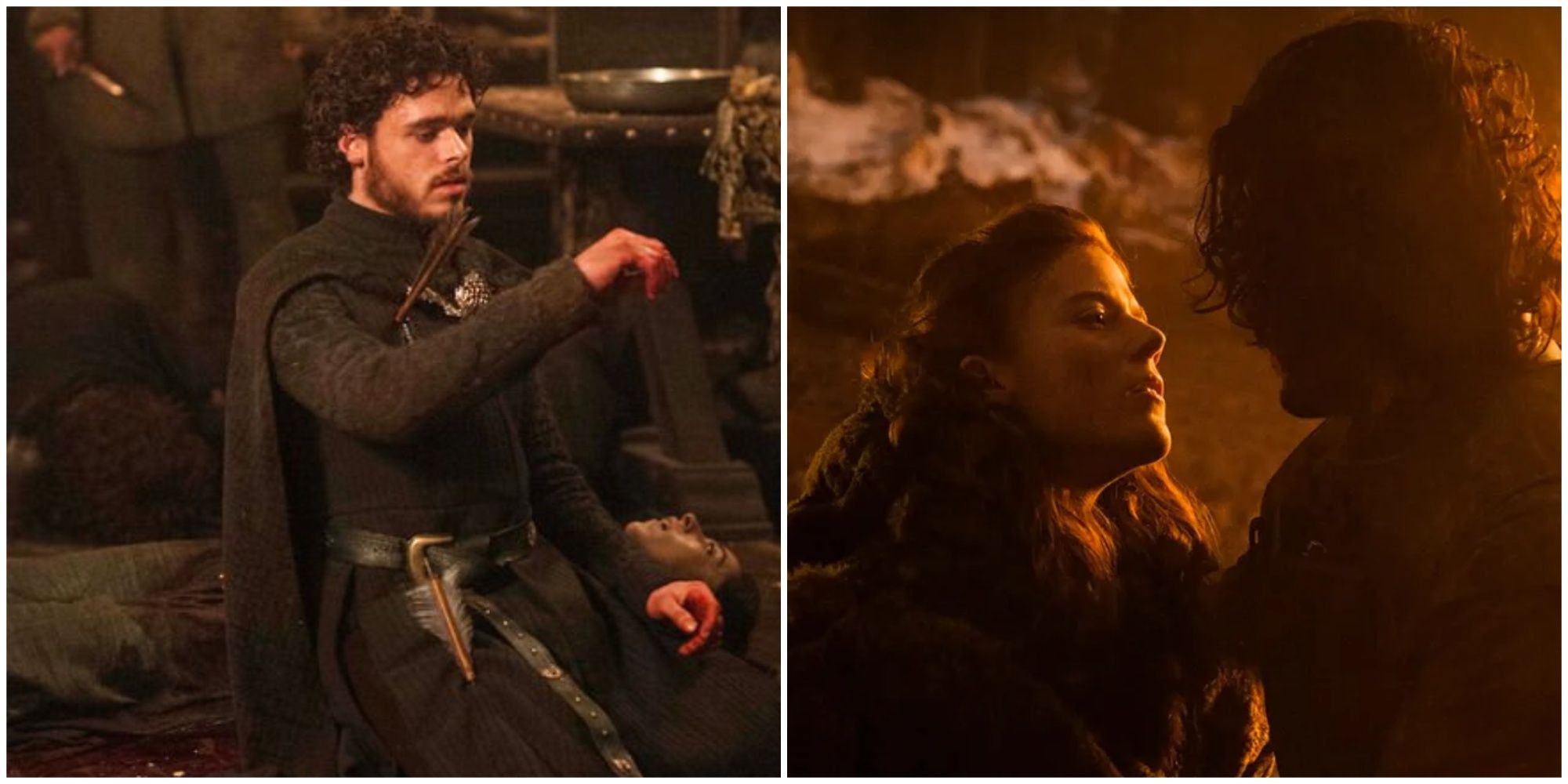 Split image of Robb Stark at the Red Wedding and Ygritte and Jon in Game of Thrones.